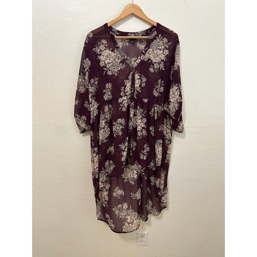 Torrid Womans Floral Long Lined Tunic Top Size 1X Boho Western 3/4 Sleeve V neck